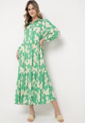 Zielono-Beżowa Rozkloszowana Sukienka Maxi Koszulowa z Geometrycznym Wzorem Pholimena. Zielone sukienki damskie Born2be, bez wzorów, bez ramiączek. Za 119.99 zł.