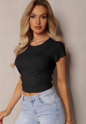 Czarny T-shirt Prążkowany o Dopasowanym Kroju z Marszczeniami Hermioa. Czarne t-shirty damskie Renee, m, bez wzorów, z jeansu, bez kołnierzyka. Za 39.99 zł.
