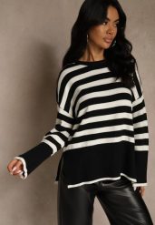 Czarno-Biały Sweter Oversize w Paski Kalitusa. Białe swetry klasyczne damskie Renee, z jeansu, bez kołnierzyka. Za 64.99 zł.