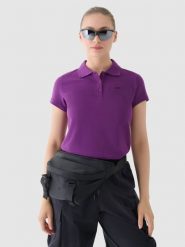 4F Koszulka polo regular damska - fioletowa M. Fioletowe koszulki damskie 4F, m, bez wzorów, z bawełny, bez kołnierzyka, bez ramiączek. Za 89.99 zł.
