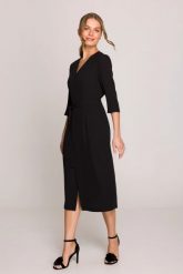 Elegancka sukienka midi z dekoltem V i rozcięciem czarna. Czarne sukienki damskie Stylove, bez wzorów, z elastanu, biznesowe, bez ramiączek. Za 429.00 zł.