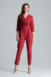 Kombinezon z Kopertowym Dekoltem - Bordowy. Czerwone kombinezony damskie Figl, l, bez wzorów, z materiału, eleganckie, bez kołnierzyka, bez ramiączek. Za 309.00 zł.