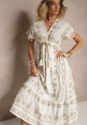 Biała Rozkloszowana Sukienka Boho z Bawełny z Chwostami Haftami i Metaliczną Nicią Divirna. Białe sukienki damskie Renee, z aplikacjami, z bawełny, boho, bez ramiączek. W wyprzedaży za 167.99 zł.
