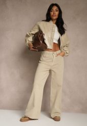 Beżowe Jeansy High Waist Wide Leg Meorise. Brązowe jeansy damskie Renee, z podwyższonym stanem. Za 99.99 zł.