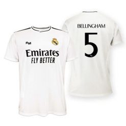Koszulka domowa unisex Real Madryt 2024-25 Premium Replica - Bellingham 5. Białe bluzki damskie REAL MADRID, s, bez wzorów, bez kołnierzyka, bez ramiączek. Za 264.50 zł.