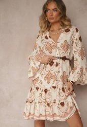 Jasnobeżowa Rozkloszowana Sukienka z Wiskozy Zdobiona Etnicznym Printem Pasiretia. Brązowe sukienki damskie Renee, z aplikacjami, z wiskozy, eleganckie, bez ramiączek. W wyprzedaży za 99.99 zł.