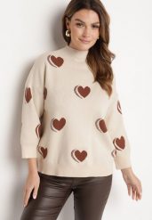 Jasnobeżowy Sweter z Modalem i Wiskozą w Serca Zeanita. Brązowe swetry klasyczne damskie Born2be, m, z jeansu, bez kołnierzyka. Za 109.99 zł.