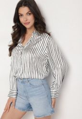 Biało-Czarna Satynowa Koszula w Paski Silatra. Białe koszule damskie Born2be, l, bez wzorów, z jeansu, eleganckie, bez kołnierzyka, bez ramiączek. Za 79.99 zł.