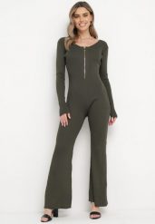 Ciemnozielony Wiskozowy Kombinezon Bodycon z Prążkowaniem i Suwakiem Alnorema. Zielone sukienki damskie Born2be, bez wzorów, prążkowane, eleganckie, bez ramiączek. W wyprzedaży za 118.99 zł.