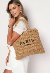 Ciemnobeżowa Pleciona Torebka z Rączką i Napisem Segelia. Brązowe shopper bag Born2be, bez wzorów, bez dodatków. Za 89.99 zł.