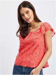 Orsay Bluzka w kolorze koralowym rozmiar: 40. Czerwone bluzki damskie Orsay, bez wzorów, z koronki, bez kołnierzyka, bez ramiączek. Za 56.99 zł.