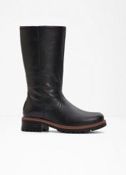Kozaki. Czarne kozaki damskie bonprix, na zimę, bez obcasa, bez zapięcia. Za 169.99 zł.
