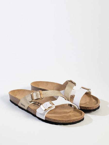 BACKSUN Klapki "Talca" w kolorze złoto-białym rozmiar: 37. Białe klapki damskie Backsun, bez wzorów, z materiału, z otwartym noskiem, bez obcasa, bez zapięcia. Za 101.23 zł.