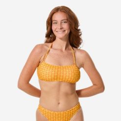 Góra kostiumu kąpielowego damska Decathlon Lori Keyshot. Brązowe bikini Decathlon, bez wzorów, z elastanu. Za 39.99 zł.