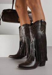 Brązowe Botki Kowbojki na Obcasie Zdobione Nitami i Frędzlami Calles. Brązowe botki damskie Born2be, z jeansu, boho, bez obcasa, na obcasie, bez zapięcia. Za 179.99 zł.