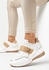 Biało-Beżowe Sneakersy na Niskim Koturnie Na Rzep Lorinit. Białe obuwie sportowe damskie Born2be, bez zapięcia. Za 129.99 zł.