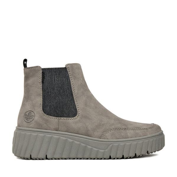 Botki Rieker. Szare botki damskie Rieker, bez obcasa, na płaskiej podeszwie, bez zapięcia. Za 259.99 zł.