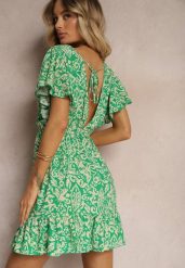 Zielona Sukienka z Bawełny o Rozkloszowanym Kroju Ozdobiona Falbanami i Gumką w Talii Neliaura. Zielone sukienki damskie Renee, bez wzorów, z bawełny, eleganckie, bez ramiączek. W wyprzedaży za 39.99 zł.