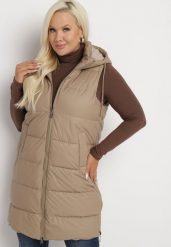 Beżowa Pikowana Kamizelka z Kapturem na Suwak i Napy Timella. Brązowe kamizelki damskie Born2be, plus size, z aplikacjami, z jeansu, z kapturem. Za 169.99 zł.
