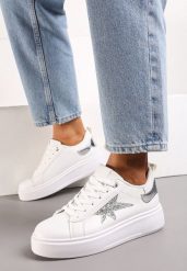 Białe Sneakersy z Ekoskóry na Platformie z Brokatową Gwiazdką Lominia. Białe obuwie sportowe damskie Born2be, bez zapięcia. Za 84.99 zł.