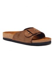 Comfortfusse Skórzane klapki w kolorze beżowym rozmiar: 35. Brązowe klapki damskie Comfortfüße, bez wzorów, z nubiku, z otwartym noskiem, bez obcasa, bez zapięcia. Za 184.46 zł.