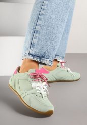 Jasnozielone Sneakersy Ozdobione Przeszyciami i Podwójnym Sznurowaniem Telisaria. Zielone obuwie sportowe damskie Renee, z jeansu, bez zapięcia. Za 89.99 zł.