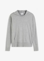 Bluza dzianinowa z kapturem i kieszonką kangurką, z materiału z domieszką wiskozy. Szare bluzy damskie bonprix, bez wzorów, z dzianiny, z kapturem. Za 149.99 zł.