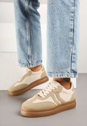 Ciemnobeżowe Sneakersy Ozdobione Paskami Sadleane. Brązowe obuwie sportowe damskie Renee, z jeansu, bez zapięcia. Za 74.99 zł.