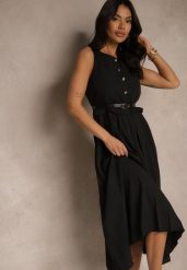 Czarna Plisowana Sukienka o Rozkloszowanym Kroju Bez Rękawów z Paskiem z Klamrą Iffule. Czarne sukienki damskie Renee, bez wzorów, eleganckie, bez ramiączek. Za 139.99 zł.