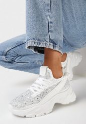 Białe Sneakersy Ozdobione Cyrkoniami i Taśmą z Napisem Falerin. Białe obuwie sportowe damskie Born2be, przed kostkę, bez zapięcia. Za 139.99 zł.