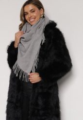 Szary Trójkątny Szalik z Wiskozy i Bawełny z Frędzlami Vetirala. Szare szaliki damskie Born2be, bez wzorów, z bawełny. Za 44.99 zł.