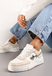 Beżowe Sznurowane Sneakersy na Grubej Podeszwie z Brokatowym Zdobieniem Anaieli. Brązowe obuwie sportowe damskie Renee, bez zapięcia. Za 99.99 zł.