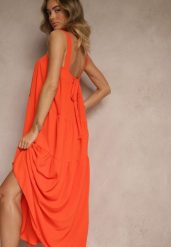 Pomarańczowa Rozkloszowana Sukienka Ozdobiona Wiązaniem na Plecach Saviande. Brązowe sukienki damskie Renee, bez wzorów, eleganckie, bez ramiączek. W wyprzedaży za 75.99 zł.