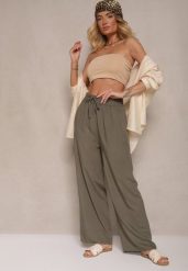 Ciemnozielone Szerokie Spodnie z Wiskozy High Waist Naivella. Zielone spodnie materiałowe damskie Renee, bez wzorów, z jeansu. Za 39.99 zł.