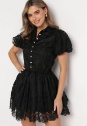 Czarna Koronkowa Sukienka Mini w Kwiaty z Bufiastymi Rękawami Cervi. Czarne sukienki damskie Born2be, bez wzorów, z koronki, bez ramiączek. Za 259.99 zł.
