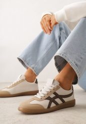 Beżowo-Brązowe Sneakersy w Stylu Tenisówek Ozdobione Geometrycznymi Paskami Zitora. Brązowe obuwie sportowe damskie Renee, bez zapięcia, tenisowe. Za 79.99 zł.