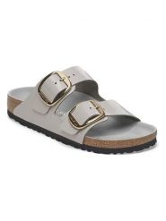 Birkenstock Skórzane klapki "Arizona" w kolorze szarym rozmiar: 40. Szare klapki damskie Birkenstock, bez wzorów, z lakierowanej skóry, z otwartym noskiem, bez obcasa, bez zapięcia. Za 568.34 zł.
