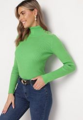 Zielony Golf z Ozdobnymi Nitami Lamani. Zielone golfy damskie Born2be, bez wzorów, bez ramiączek. Za 74.99 zł.
