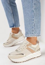 Beżowe Sneakersy na Grubej Ozdobnej Podeszwie z Brokatem Tarseli. Brązowe obuwie sportowe damskie Born2be, bez zapięcia. Za 119.99 zł.