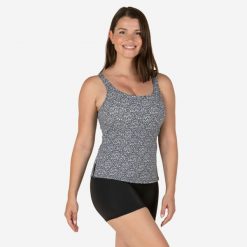 Strój jednoczęściowy pływacki damski Nabaiji Heva Leo tankini i szorty. Czarne spodenki sportowe damskie Decathlon, l, bez wzorów, z elastanu, do pływania. Za 119.99 zł.