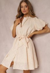 Jasnobeżowa Sukienka z Bawełny Halpy. Brązowe sukienki damskie Renee, bez wzorów, z bawełny, eleganckie, bez ramiączek. W wyprzedaży za 159.99 zł.