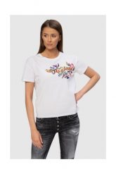 MOSCHINO Biały t-shirt z logo i kwiatami. Białe t-shirty damskie MOSCHINO, s, bez wzorów, prążkowane, bez kołnierzyka. W wyprzedaży za 279.99 zł.