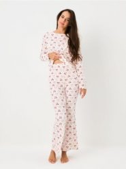 Prążkowana piżama dwuczęściowa w kokardki - kremowy. Białe piżamy damskie Sinsay, bez wzorów, prążkowane, bez ramiączek. Za 59.99 zł.