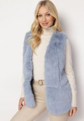 Jasnoniebieska Kamizelka z Futerka Ozdobiona Wstawkami z Ekoskóry Robenissa. Niebieskie kamizelki damskie Born2be, l, z aplikacjami, bez kaptura. Za 199.99 zł.
