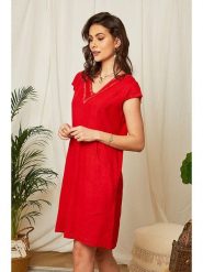 Lin Passion Lniana sukienka w kolorze czerwonym rozmiar: 36/38. Czerwone sukienki damskie Lin Passion, bez wzorów, ze lnu, klasyczne, bez ramiączek. Za 174.95 zł.