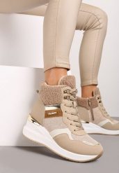 Ciemnobeżowe Sneakersy na Koturnie z Wysoką Cholewką Ozdobione Brokatem Sinthera. Brązowe obuwie sportowe damskie Renee, z jeansu, przed kolano, bez zapięcia. Za 119.99 zł.