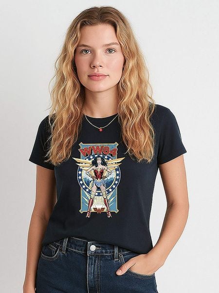 WOOOP Koszulka "Wonder woman" w kolorze granatowym rozmiar: M. Niebieskie bluzki damskie Wooop, m, bez wzorów, bez kołnierzyka, bez ramiączek. Za 61.17 zł.