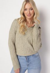 Jasnozielony Klasyczny Sweter w Ozdobny Splot Mulls. Zielone swetry klasyczne damskie Born2be, z dzianiny, bez kołnierzyka. Za 109.99 zł.