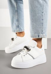 Białe Sneakersy na Platformie z Metaliczną Ozdobą Weolinne. Białe obuwie sportowe damskie Born2be, z dresówki, bez zapięcia. Za 89.99 zł.