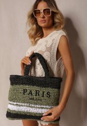 Zielono-Czarna Pleciona Torebka w Stylu Boho Ozdobiona Napisem Oegelia. Zielone torebki klasyczne damskie Renee, z materiału, bez dodatków. Za 74.99 zł.